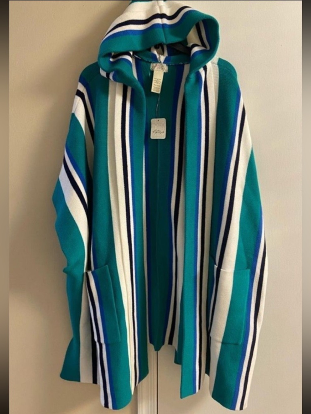 Free people Teal striped knit kimono hooded with pockets one size NWT